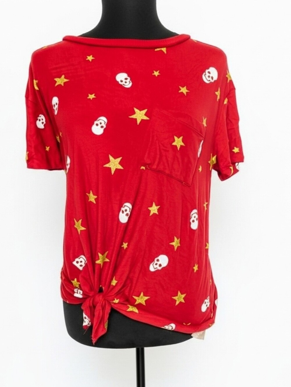 Red Skull & Star Pocket Front Tie Tee Sz S (A80)